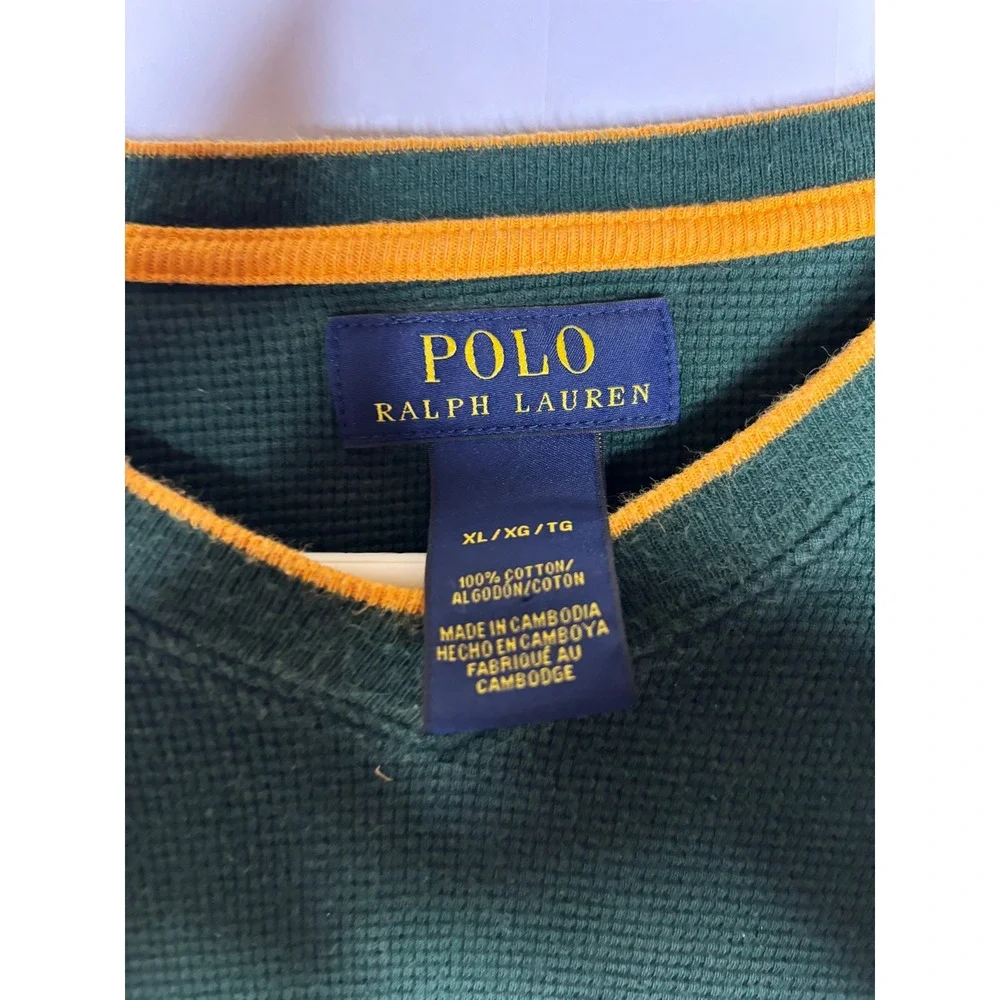Polo Ralph Lauren Mens XL Green Waffle‎ Knit Thermal Shirt Yellow Trim V-Neck